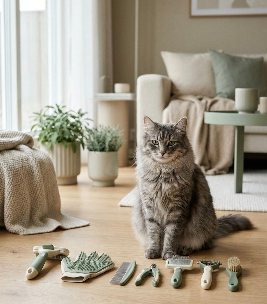 Fluffy grey cat beside CoatVale pet grooming tools in a cozy living room