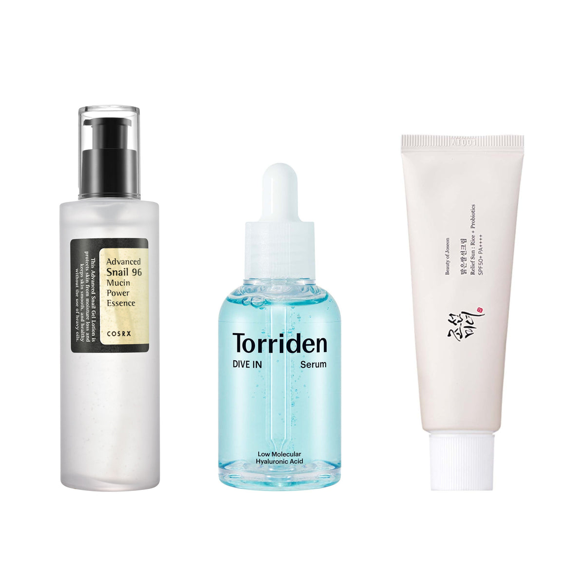 Rutina coreana en 3 pasos del pack: COSRX Advanced Snail 96, Torriden DIVE-IN Serum y Beauty of Joseon Relief Sun SPF50+